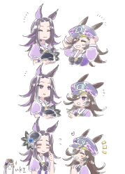  3girls animal_ears black_hair blue_flower blue_hat blue_rose bow bowtie brown_hair closed_eyes closed_mouth commentary_request ear_bow ears_through_headwear fenomeno_(umamusume) flipped_hair flower gold_ship_(umamusume) grey_hair hair_over_one_eye hat hat_flower headwear_switch highres horse_ears horse_girl long_hair looking_at_another multicolored_hair multiple_girls neru_ika open_mouth peaked_cap pillbox_hat puffy_short_sleeves puffy_sleeves purple_bow purple_bowtie purple_hair purple_shirt rice_shower_(umamusume) rose sailor_collar sailor_shirt school_uniform shirt short_sleeves smile tilted_headwear tracen_school_uniform umamusume violet_eyes 