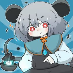  >:) +++ 1girl animal_ears basket bishamonten's_pagoda black_dress blue_background blue_capelet blush capelet closed_mouth commentary_request dress grey_hair hair_between_eyes highres long_sleeves looking_at_viewer mouse_ears mouse_girl mouse_tail nazrin puffy_long_sleeves puffy_sleeves red_eyes sea_urchin shirt sleeves_past_wrists smile solo sparkle sunburst sunburst_background tail thick_eyebrows touhou uni_souchou v-shaped_eyebrows white_shirt 