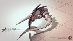  3d angel_cartel_(eve_online) attack_ship_(eve_online) brown_theme camouflage commentary dramiel_(eve_online) english_commentary english_text eve_online frigate_(eve_online) gentaro-de-averial grid low_poly military_vehicle minmatar_republic_(eve_online) monochrome no_humans pirate_faction_(eve_online) realistic reflective_floor science_fiction spacecraft vehicle_focus vehicle_name 