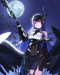  absurdres asymmetrical_horns bident bird black_gloves black_hair black_pantyhose black_skirt black_thighhighs black_wings blue_hair clothing_cutout collared_shirt colored_inner_hair commentary crow dress_shirt feather-trimmed_sleeves feathered_wings flower flower_knot full_moon garter_straps gloves hair_ornament highres holding holding_polearm holding_weapon hololive hololive_english horn_flower horns komori_hiki_(hikienlaventana) long_hair long_sleeves looking_at_viewer low_wings miniskirt mole mole_under_eye moon multicolored_hair nerissa_ravencroft nerissa_ravencroft_(1st_costume) night open_mouth outdoors pantyhose pencil_skirt polearm ribbed_shirt shirt shoulder_cutout side_slit sidelocks single_garter_strap single_leg_pantyhose single_thighhigh skirt standing tassel tassel_hair_ornament thigh-highs uneven_horns very_long_hair violet_eyes virtual_youtuber weapon white_shirt wings 
