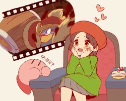  1girl adeleine beret blue_eyes blush blush_stickers chair colored_skin commentary_request cup disposable_cup drinking_straw facepaint grey_skirt hammer hands_on_own_cheeks hands_on_own_face hat heart king_dedede kirby kirby_(series) kirby_and_the_forgotten_land on_chair open_mouth pink_skin red_hat sitting skirt star_(symbol) taharu_(papiyas) translation_request 
