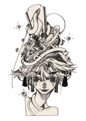  1girl absurdres animal closed_mouth eyeball eyelashes greyscale hair_ornament hat highres lips monochrome original portrait qianfeng slit_pupils smile snake solo tassel traditional_media 