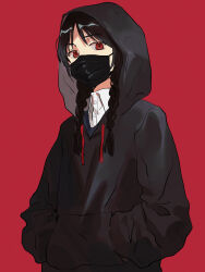  1girl absurdres black_hoodie braid buttons collared_shirt commentary_request fate/grand_order fate_(series) greyscale hands_in_pockets highres hood hoodie littlebird_label long_hair long_sleeves looking_at_viewer mask monochrome mouth_mask no_name_assassin_(fate) official_alternate_hairstyle red_background shirt simple_background solo standing surgical_mask twin_braids white_shirt 