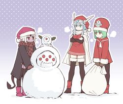 3girls blue_eyes blue_hair boots breath brown_coat brown_pantyhose brown_thighhighs cape character_request coat colored_skin commentary_request crossed_arms demon_tail dress extra_eyes green_hair hat highres holding holding_sack kato_takuji long_sleeves looking_at_another ma_no_mono-tachi_wa_kuwadateru mittens multiple_girls orange_eyes outline pantyhose pink_boots pointy_ears priestess_(ishiyumi) purple_skin red_boots red_dress red_eyes red_hat sack santa_costume santa_hat scarf short_hair snow snowman sweatdrop tail thigh-highs white_hair white_outline 