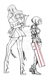  2girls absurdres android arm_cannon beam_cannon blame! cibo cyberpunk cyborg energy_cannon graviton_beam_emitter highres joints mechanical_arms mechanical_legs mechanical_spine medium_hair multiple_girls robot_joints safeguard_(blame!) sanakan science_fiction short_hair spyair4848 weapon 