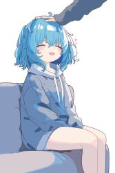  1boy 1girl absurdres aoi_tori between_legs blue_hair closed_eyes commentary couch grey_hoodie hand_between_own_legs headpat highres hood hood_down hoodie medium_hair original sitting teru-chan_(aoi_tori) white_background 