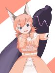  1girl animal_costume animal_ear_fluff animal_ears blue_eyes bluesparrowxyz bobobo-bo_bo-bobo bow bowtie caracal_(kemono_friends) caracal_ears eggplant elbow_gloves gloves highres kemono_friends kemono_friends_v_project long_hair looking_at_viewer microphone open_mouth orange_hair parody shirt simple_background skirt sleeveless sleeveless_shirt smile solo virtual_youtuber 