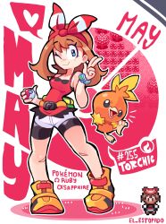 bandana bike_shorts bow_hairband el_estofado fanny_pack green_bandana hairband highres holding holding_poke_ball may_(pokemon) poke_ball poke_ball_(basic) pokemon pokemon_(anime) pokemon_emerald pokemon_omega_ruby_and_alpha_sapphire pokemon_ruby/sapphire/emerald pokemon_the_series:_ruby_and_sapphire red_bandana red_shirt shirt shorts_under_shorts torchic 