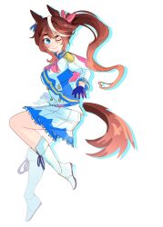  1girl animal_ears ascot asymmetrical_gloves blue_eyes blue_gloves blush boots breasts brown_hair buttons cape closed_mouth double-breasted epaulettes full_body gloves hair_between_eyes highres horse_ears horse_girl horse_tail jacket jaistraww long_hair long_sleeves looking_at_viewer medium_breasts mismatched_gloves multicolored_hair multicolored_jacket one_eye_closed pink_ascot pink_cape ponytail simple_background single_epaulette single_hair_streak skirt smile solo streaked_hair tail tokai_teio_(peak_joy)_(umamusume) tokai_teio_(umamusume) two-tone_hair two-tone_jacket two-tone_skirt umamusume white_boots white_gloves white_hair white_jacket white_skirt white_streaks 