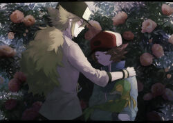 2boys black_hat blue_jacket brown_eyes brown_hair closed_mouth flower half-closed_eyes hand_on_another's_shoulder hat highres hilbert_(pokemon) jacket long_sleeves looking_down male_focus multiple_boys n_(pokemon) pink_flower pokemon pokemon_(creature) pokemon_black_and_white red_hat shirt short_hair snivy tarai_(yamadarairai) wristband 