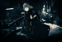 1girl 997308756 absurdres arknights assault_rifle backpack bag blurry blurry_background depth_of_field grey_hair gun highres holding holding_gun holding_weapon horns id_card jacket liskarm_(arknights) monochrome rifle scarf shield shotgun solo weapon 