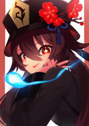  1girl absurdres black_dress black_hat brown_hair commentary_request dress eyelashes flower genshin_impact hat hat_flower highres hitodama hu_tao_(genshin_impact) jewelry long_hair looking_at_viewer red_eyes ring solo symbol-shaped_pupils tongue tongue_out u_tei upper_body 