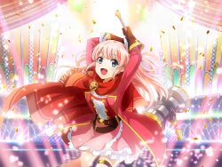  1girl belt blue_eyes brown_belt brown_gloves cape confetti game_cg gloves hammer holding holding_hammer jacket long_hair long_sleeves looking_at_viewer nonomiya_lalafin official_art open_mouth pink_hair pink_skirt red_cape red_jacket red_scarf scarf shoujo_kageki_revue_starlight shoujo_kageki_revue_starlight_-re_live- skirt sledgehammer solo stage_lights standing thigh_strap two_side_up upper_body 