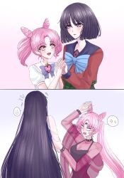  2girls aged_up angry before_and_after bishoujo_senshi_sailor_moon black_hair black_lady_(sailor_moon) blunt_bangs bow bowtie chibi_usa collarbone commentary cone_hair_bun corruption dual_persona hair_bun highres holding_hands long_hair mistress_9 multiple_girls parted_bangs pink_hair purple_vest red_eyes red_shirt school_uniform serafuku shirt short_hair tomoe_hotaru twintails very_long_hair vest violet_eyes wbr_komet white_shirt 