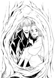  1boy 1girl aged_down barefoot bleach closed_eyes commentary_request greyscale hana_(interstice) ichimaru_gin in_tree matsumoto_rangiku mole mole_under_mouth monochrome open_mouth robe short_hair sitting sitting_in_tree smile thick_lips tree 