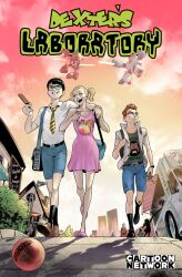  1girl 2boys aged_up arm_around_shoulder backpack bag ball black_boots black_eyes black_hair black_necktie black_socks blonde_hair blue_eyes blue_shorts blunt_bangs boots brown_shoes cartoon_network commentary company_name copyright_logo copyright_name dee_dee dexter's_laboratory dexter_(dexter's_laboratory) dress english_commentary english_text food food_truck freckles french_text glasses grin hair_pulled_back highres holding holding_food holding_ice_cream_cone holding_popsicle ice_cream_cone jacket logo looking_at_another looking_to_the_side mandark mecha multicolored_necktie multiple_boys necktie one_eye_closed orange_hair orange_sky outdoors pink_dress pink_shoes popsicle robot shirt shoes short-sleeved_jacket short_hair short_sleeves shorts shoulder_bag sky smile socks striped_clothes striped_necktie t-shirt twintails vasco_georgiev western_comics_(style) white_jacket white_shirt yellow_necktie 