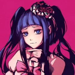  1girl blue_eyes blue_hair dress flower furudo_erika goth_fashion gothic_lolita hair_flower hair_ornament hand_on_own_chin lolita_fashion monochrome_background moshimoshibe pink_ribbon ribbon twintails umineko_no_naku_koro_ni white_dress 