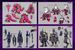  2boys arm_cannon armalizamon armor black_bodysuit black_pants bodysuit copyright_name digimon digimon_(creature) digimon_beatbreak full_body furry furry_female furry_male gauntlets grey_background grey_hair lizard multiple_boys multiple_views murasamemon nightchiropmon official_art pants pink_armor reference_sheet simple_background star_(symbol) weapon wolvermon 