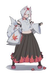  1girl :o absurdres animal_ear_fluff animal_ears black_bridal_gauntlets black_skirt black_socks black_tank_top bridal_gauntlets commentary crop_top crossed_bangs detached_sleeves double-parted_bangs geta grimlisp hair_between_eyes hat highres holding holding_shield holding_sword holding_weapon inubashiri_momiji leaf leaf_print long_skirt long_sleeves maple_leaf maple_leaf_print navel parted_lips pleated_skirt red_eyes red_hat red_ribbon red_shoes red_skirt ribbon ribbon-trimmed_sleeves ribbon_trim sarashi shield shirt shoes short_hair simple_background skirt socks solo sword tail tank_top tengu-geta tokin_hat touhou two-tone_skirt v-shaped_eyebrows weapon white_background white_hair white_shirt wide_sleeves wolf_ears wolf_girl wolf_tail 