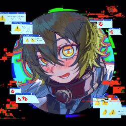  1girl black_necktie blonde_hair blush cape collar don_quixote_(project_moon) error_message glitch index_(identity)_(project_moon) limbus_company monitoring_(vocaloid) necktie open_mouth portrait pov_peephole project_moon smile solo white_cape xiaorourose yellow_eyes 