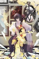  1boy absurdres black_eyes black_hair black_pants bow_(music) branch broken_glass brown_shoes cello chinese_commentary closed_mouth coat coat_on_shoulders collared_shirt crow's_eye_view_(e.g.o) dated_commentary e.g.o_(project_moon) flower full_body glass glass_shards gudui92937 hat highres holding holding_bow_(music) holding_instrument instrument limbus_company male_focus music musical_note pants petals playing_instrument project_moon shirt shoes short_hair sitting smile solo suspenders tree white_shirt window yellow_flower yellow_petals yi_sang_(project_moon) 