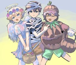  3boys alternate_costume angel_wings basil_(faraway)_(omori) basil_(omori) basket black_eyes black_hair black_shirt blonde_hair blue_eyes bright_pupils brown_hair brown_shorts closed_eyes commentary dark-skinned_male dark_skin double-parted_bangs english_commentary fake_halo fake_wings flower flower_wreath gloves green_shorts hair_between_eyes halloween_costume halo head_wreath holding holding_basket kel_(faraway)_(omori) kel_(omori) looking_at_viewer male_focus multiple_boys mummy_costume omore47858045 omori open_mouth parted_lips shirt short_sleeves shorts sidelocks sunny_(omori) sweatdrop v_arms white_gloves white_pupils wings 