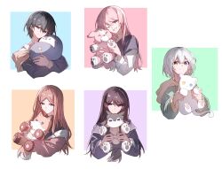  5girls absurdres bang_dream! bang_dream!_it's_mygo!!!!! black_hair blue_eyes brown_eyes brown_hair chihaya_anon closed_mouth commentary fang grey_eyes grey_hair hair_between_eyes heterochromia hibioes highres hood hood_down hoodie kaname_raana layered_sleeves long_sleeves multiple_girls mygo!!!!!_(bang_dream!) nagasaki_soyo one_eye_closed open_mouth pink_hair shiina_taki short_hair short_over_long_sleeves short_sleeves stuffed_animal stuffed_cat stuffed_dog stuffed_fox stuffed_penguin stuffed_toy stuffed_wolf symbol-only_commentary takamatsu_tomori violet_eyes white_hair yellow_eyes 