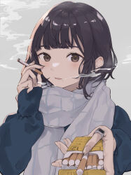  1girl black_hair blue_coat blunt_bangs blush brown_eyes cigarette cigarette_pack coat commentary_request enpera fingernails grey_background grey_scarf highres holding holding_cigarette holding_cigarette_pack incoming_gift jewelry long_sleeves looking_at_viewer medium_hair mole mole_under_mouth noanoa-iroha open_mouth original pink_nails ring scarf sidelighting simple_background sleeves_past_wrists smoke smoking solo upper_body 