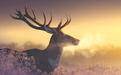  1other absurdres animal antlers blurry bokeh brown_fur bush commentary dawn deer deer_antlers depth_of_field english_commentary english_text from_side highres horns lorenzo_lanfranconi morning nature no_humans original outdoors painterly scenery sunlight 