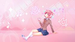 1girl blue_skirt blush cellphone cellphone_charm charm_(object) closed_mouth collared_shirt commentary doki_doki_literature_club doki_doki_literature_club_school_uniform dot_mouth earphones earphones english_commentary eyelashes full_body grey_jacket hair_intakes hair_ornament hairclip hand_on_floor heart highres holding holding_phone jacket listening_to_music long_sleeves looking_up musical_note natsuki_(doki_doki_literature_club) neck_ribbon official_art orange_sweater_vest orange_vest phone pink_background pink_eyes pink_hair red_ribbon ribbon satchely school_uniform shirt shoes short_hair sitting skirt smartphone socks solo sparkle sweater_vest third-party_source two_side_up vest white_shirt white_shoes white_socks 