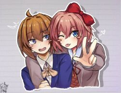  2girls :3 ahoge arm_around_neck blazer blue_eyes blue_jacket blue_pupils blush blush_stickers bow brown_hair collared_shirt commentary cropped_torso doki_doki_literature_club doki_doki_literature_club_school_uniform doodle_inset drop_shadow dual_persona eyelashes fill_feels grey_background grey_jacket hair_between_eyes hair_bow hair_intakes heart jacket long_sleeves multiple_girls neck_ribbon one_eye_closed open_clothes open_jacket orange_sweater_vest orange_vest outline pink_hair prototype_design red_bow red_ribbon ribbon sayori_(doki_doki_literature_club) school_uniform shirt sweater_vest tongue tongue_out vest w white_outline white_shirt 