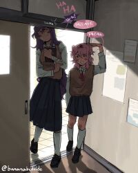  2girls adapted_costume black_shoes blue_skirt blush book brown_sweater_vest bumping_head collared_shirt commentary doki_doki_literature_club door doorway english_commentary english_text eyelashes full_body hand_up height_difference highres holding holding_book injury kneehighs laughing long_hair long_skirt long_sleeves multiple_girls natsuki_(doki_doki_literature_club) neck_ribbon one_eye_closed poster_(object) purple_hair rayne_(bananabedside) red_ribbon ribbon school_uniform shadow shirt shoes skirt smile socks sound_effects speech_bubble standing sweat sweater_vest tile_floor tiles twitter_username white_shirt white_socks yuri_(doki_doki_literature_club) 