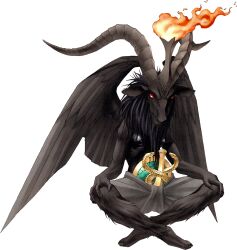 1other absurdres animal_ears baphomet_(megami_tensei) caduceus demon demon_(megami_tensei) feathered_wings fire full_body goat_ears goat_horns hands_on_own_knees highres hooves horns indian_style kazuma_kaneko official_art photoshop_(medium) red_eyes shin_megami_tensei shin_megami_tensei_iii:_nocturne simple_background sitting solo third-party_source transparent_background wings