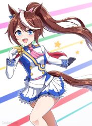  1girl animal_ears ascot asymmetrical_gloves black_gloves blue_eyes blush breasts brown_hair buttons canadiananiguy cape commentary double-breasted ear_ribbon english_commentary epaulettes gloves hair_between_eyes high_ponytail highres horse_ears horse_girl horse_tail jacket long_hair long_sleeves looking_at_viewer mismatched_gloves multicolored_hair multicolored_jacket open_mouth pink_ascot ponytail red_cape single_epaulette skirt small_breasts smile solo star_(symbol) streaked_hair tail teeth tokai_teio_(peak_joy)_(umamusume) tokai_teio_(umamusume) two-tone_hair two-tone_jacket two-tone_skirt umamusume upper_teeth_only white_gloves white_hair white_jacket white_skirt 