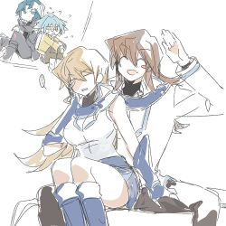  1girl 3_ma_me 3boys :d ^_^ bare_shoulders black_coat blonde_hair blue_eyes blue_hair blush_stickers breasts brother_and_sister brothers brown_eyes closed_eyes coat duel_academy_uniform_(yu-gi-oh!_gx) fingerless_gloves glasses gloves hair_between_eyes jacket large_breasts long_hair long_sleeves marufuji_ryo marufuji_sho multiple_boys open_mouth siblings simple_background sitting sitting_on_lap sitting_on_person skirt sleeveless smile tenjouin_asuka tenjouin_fubuki unamused white_background yu-gi-oh! yu-gi-oh!_gx 