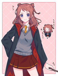  1girl argyle_background black_robe blush border brown_hair chibi chibi_inset commentary_request cowboy_shot diagonal-striped_clothes diagonal-striped_necktie fingernails floating floating_object gakuen_idolmaster grey_sweater_vest gryffindor hanami_saki harry_potter_(series) heart highres hogwarts_school_uniform holding holding_wand idolmaster kouzuki_yuu looking_at_viewer multiple_views necktie pleated_skirt red_skirt robe school_uniform shirt skirt smile striped_clothes sweater_vest translation_request two-sided_robe two_side_up wand white_border white_shirt wizarding_world yellow_necktie 