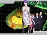  batou breasts brown_hair cleavage dress elbow_gloves formal fur ghost_in_the_shell ghost_in_the_shell_stand_alone_complex gloves high_heels jewelry kusanagi_motoko necklace operator_(ghost_in_the_shell) pantyhose ponytail purple_hair purse shoes short_hair suit thighhighs togusa tuxedo wallpaper white_hair 