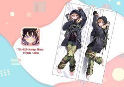  1girl ak-105 assault_rifle barefoot blue_eyes brown_hair dakimakura_(medium) dragunov_svd escape_from_tarkov genderswap genderswap_(mtf) green_pants grey_jacket gun highres jacket kalashnikov_rifle long_hair looking_at_viewer military_uniform pants rifle shturman_(escape_from_tarkov) sniper_rifle weapon yushima 