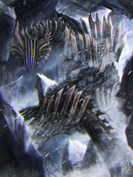  absurdres blizzard chin_spike dragon gold_scales highres horns jin_dahaad monster monster_focus monster_hunter_(series) monster_hunter_wilds namami_(namami0115) no_humans spikes tail yellow_scales 