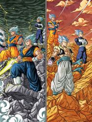  4boys abs absurdres aura black_vest black_wrist_cuffs blue_bodysuit blue_eyes blue_hair blue_pants blue_sash blue_shirt bodysuit boots commentary_request copyright_name cropped_vest dougi dragon_ball dragon_ball_super dragon_ball_super_broly earrings electricity energy_ball energy_blade evolutionary_line full_body gloves gogeta group_picture halo hands_on_own_hips highres hiro_(udkod1ezlyi2flo) jewelry male_focus medium_hair metamoran_vest multiple_boys muscular muscular_male no_shirt official_alternate_color open_clothes open_vest orange_pants orange_sash orange_shirt pants potara_earrings sash serious shirt single_earring smirk son_goku spiky_hair super_saiyan super_saiyan_blue trait_connection vegeta vegetto vest white_boots white_gloves white_pants wrist_cuffs 