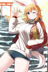  1girl absurdres alternate_costume animal_ears black_scarf blue_eyes blurry breasts charlotte_e._yeager feet_out_of_frame highres hiroshi_(hunter-of-kct) jacket large_breasts long_hair one_eye_closed orange_hair outdoors print_jacket rabbit_ears rabbit_girl rabbit_tail red_jacket scarf shorts smile snow solo standing strike_witches sweater tail teeth torii white_sweater world_witches_series 