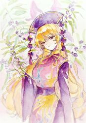  1girl absurdres artist_name belt blonde_hair breasts chinese_clothes commentary_request cowboy_shot crescent crescent_print dalachi_(headdress) dress fingernails floral_background flower hair_between_eyes hand_up hat highres holding holding_flower junko_(touhou) leaf legacy_of_lunatic_kingdom long_hair long_sleeves mandarin_collar medium_breasts nail_polish navybluesparrow neck_ribbon painting_(medium) phoenix_print pom_pom_(clothes) purple_belt purple_dress purple_flower purple_hat purple_nails red_eyes red_tabard ribbon solo standing tabard tassel teeth touhou traditional_media watercolor_(medium) watermark wavy_hair white_background wide_sleeves yellow_ribbon 