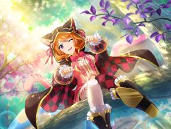  1girl alice's_adventures_in_wonderland animal_hood asymmetrical_legwear black_boots boots bow bowtie brown_cape cape cat_hood cat_tail checkered_cape checkered_clothes cheshire_cat_(alice_in_wonderland) cheshire_cat_(alice_in_wonderland)_(cosplay) cosplay ebisu_tsukasa fake_tail flower_request frilled_sleeves frills game_cg high_heel_boots high_heels hood hooded_cape long_sleeves looking_at_viewer mismatched_legwear official_art one_eye_closed orange_hair parted_lips paw_pose pink_bow pink_bowtie short_hair shoujo_kageki_revue_starlight shoujo_kageki_revue_starlight_-re_live- sitting solo tail thigh-highs tree two-sided_cape two-sided_fabric violet_eyes white_thighhighs 