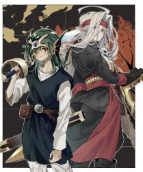  2boys ahoge belt black_gloves black_jacket black_pants black_tunic blue_gem border brown_belt closed_mouth cowboy_shot dragon_quest dragon_quest_iv earrings forehead_protector gem gloves green_hair grey_hair hair_between_eyes headband hero_(dq4) highres holding holding_sword holding_weapon jacket jewelry juliet_sleeves light_blush light_smile long_hair long_sleeves male_focus mamesan_2024 medium_hair multiple_boys over_shoulder panties pants parted_bangs pisaro pointy_ears puffy_sleeves red_belt red_headband sheath shirt single_earring skull_ornament slime_(dragon_quest) sword sword_over_shoulder tunic underwear weapon weapon_over_shoulder white_border white_panties white_shirt winged_headwear 