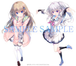  2girls 9-nine- :d ahoge belt black_shirt black_socks blue_eyes blue_shoes blush bow bowtie braid breasts brown_hair brown_shoes buttons cardigan closed_mouth colored_eyelashes double-breasted dress dutch_angle eyelashes eyes_visible_through_hair floating_hair frilled_dress frills gear_hair_ornament green_ribbon grey_belt grey_hair hair_between_eyes hair_ornament hair_ribbon hakusen_academy_school_uniform hand_up happy highres izumi_tsubasu kneehighs kujou_miyako large_breasts loafers long_hair long_sleeves looking_at_viewer multiple_girls niimi_sora official_art open_cardigan open_clothes open_mouth outstretched_arms pink_bow pink_bowtie pink_cardigan ribbon sample_watermark school_uniform shirt shoes short_dress side_ponytail sidelocks simple_background single_braid sleeves_past_wrists smile sneakers socks split_mouth standing standing_on_one_leg star_(symbol) star_print straight_hair thigh-highs undershirt v v_over_mouth very_long_hair violet_eyes watermark white_background white_dress white_thighhighs wing_hair_ornament zettai_ryouiki 
