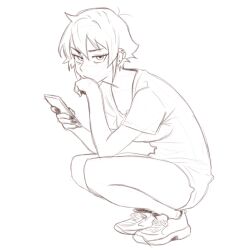  1girl ass breasts fat_ass feet huge_ass large_breasts original phone shirt shoes short_hair solo squatting thick_butt thick_hips thick_legs thick_thighs thighs tsuicaa 