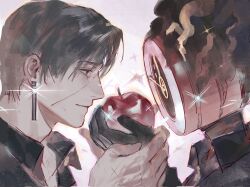  1boy 1other apple black_gloves black_shirt chinese_commentary clock closed_mouth collared_shirt commentary_request dante_(limbus_company) earrings fire food fruit gloves grey_hair highres holding holding_food holding_fruit hoyapaint jewelry limbus_company object_head parted_bangs portrait project_moon red_eyes shirt simple_background smile sparkle vergilius_(project_moon) white_background 