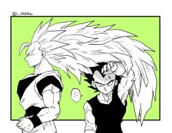  ... 2boys anger_vein clenched_hands commentary_request dragon_ball dragon_ball_z frown gloves greyscale_with_colored_background large_pectorals long_hair male_focus multiple_boys muscular muscular_male pectorals senka-san shade son_goku spoken_ellipsis super_saiyan super_saiyan_3 sweatdrop twitter_username vegeta very_long_hair wristband 