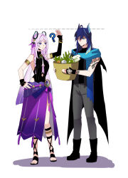  1boy 1girl ? animal_ears arm_at_side arm_tattoo armlet basket bat_boy bat_ears black_boots black_cape black_gloves black_jacket black_leotard black_sandals black_shirt black_wrist_cuffs blue_eyes blue_hair blue_scarf blunt_ends blunt_tresses boots bracelet braid breasts cape citlali_(genshin_impact) cleavage_cutout clothing_cutout colored_tips commentary_request dotted_line elbow_gloves feather_hair_ornament feathers fingerless_gloves floating_headgear food fringe_trim genshin_impact gladiator_sandals glove_cutout gloves gold gradient_hair grandmother_and_grandson grey_pants hair_intakes hair_ornament hair_tubes hand_tattoo hand_up headgear height_difference hetero highleg highleg_leotard highres hip_vent holding holding_basket jacket jewelry korean_commentary leotard long_hair looking_at_another multicolored_hair open_clothes open_jacket ororon_(genshin_impact) pants parted_bangs pink_feathers pink_hair pink_pupils purple_hair purple_sarong red_eyes ribbed_leotard ring_hair_ornament sandals sarong scarf shadow shirt side_slit sideboob single_sleeve single_wrist_cuff sleeveless sleeveless_jacket stomach_cutout sugarcanedove tattoo toes tsurime turtleneck turtleneck_leotard turtleneck_shirt twin_braids undershirt vegetable white_background wrist_cuffs 