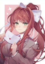  1girl blazer blush border breasts brown_hair closed_mouth collared_shirt doki_doki_literature_club doki_doki_literature_club_school_uniform envelope eyelashes green_eyes grey_jacket hair_intakes hair_ribbon heart highres holding holding_envelope jacket long_hair long_sleeves miviy19 monika_(doki_doki_literature_club) neck_ribbon orange_vest outline outside_border pink_background ponytail red_ribbon ribbon school_uniform shirt simple_background smile solo sparkle twitter_username upper_body vest white_border white_outline white_ribbon white_shirt 
